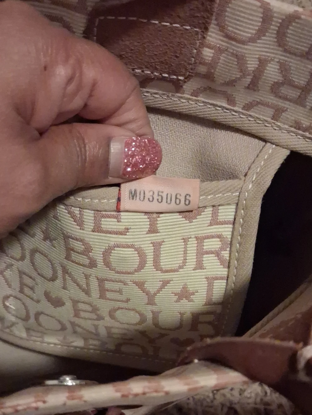 Dooney & Bourke Beige Logo Canvas Tote with Brown Leather Handles